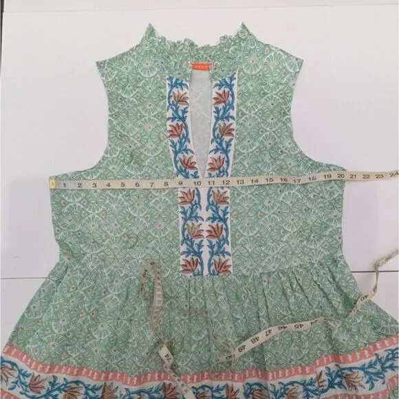 Oliphant Yoke Mini Dress Tiered A-Line Split V-Neck Ruffle Collar Green Boho XL - Picture 5 of 8